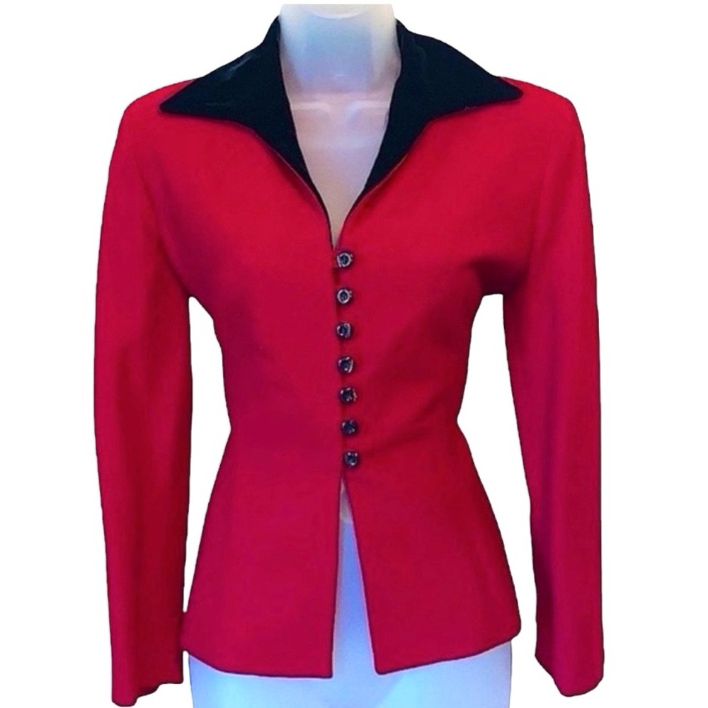 90s Vintage Tahari Velvet Collar Silk & Wool Blazer Suit Jacket Red Black 4
